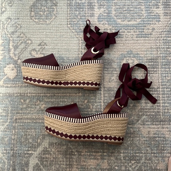 TORY BURCH Dandy Burgundy Leather Espadrille Platform Shoe - Picture 3 of 6